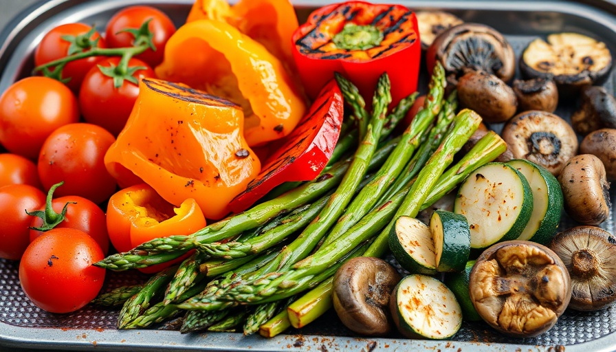 Grilled vegetables displayed on a tray, vibrant and appetizing.