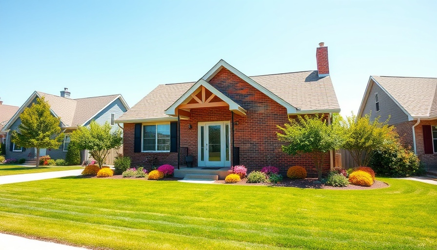 Charming front yard landscaping with brick house and flower beds.