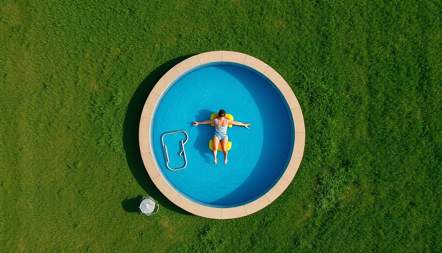 Above-ground pool in garden with person lounging on float.