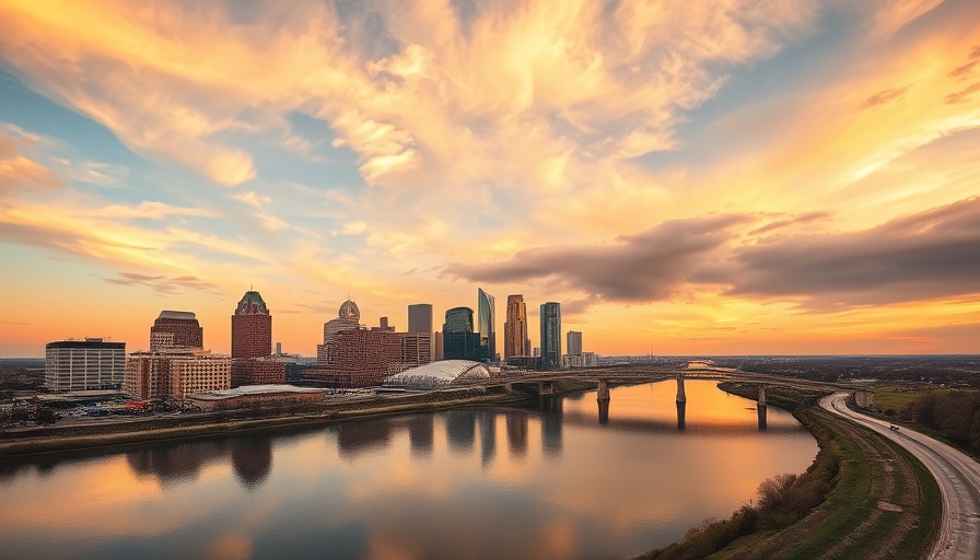 Stunning sunset view of Little Rock skyline reflecting on Arkansas River.