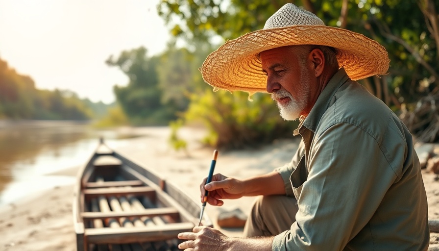 Artisan painting a wooden boat on Mekong Delta riverbank, showcasing climate adaptation solutions.
