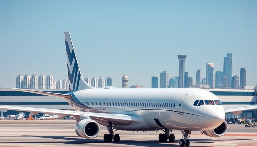 Qatari jet parked on runway with city skyline in background.