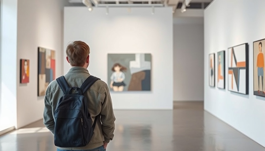 Visitor at modern art exhibition in Marin gallery exploring abstract paintings.