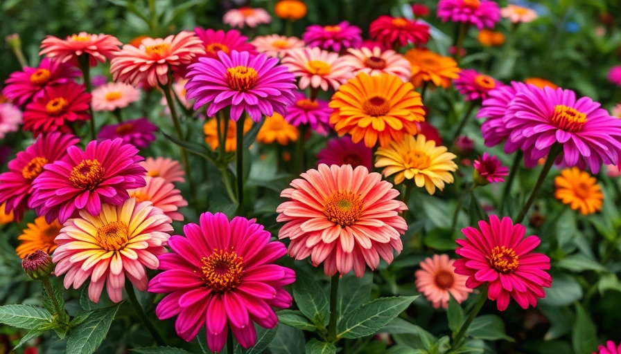 Colorful zinnias blooming in a garden, showing how to grow zinnias.
