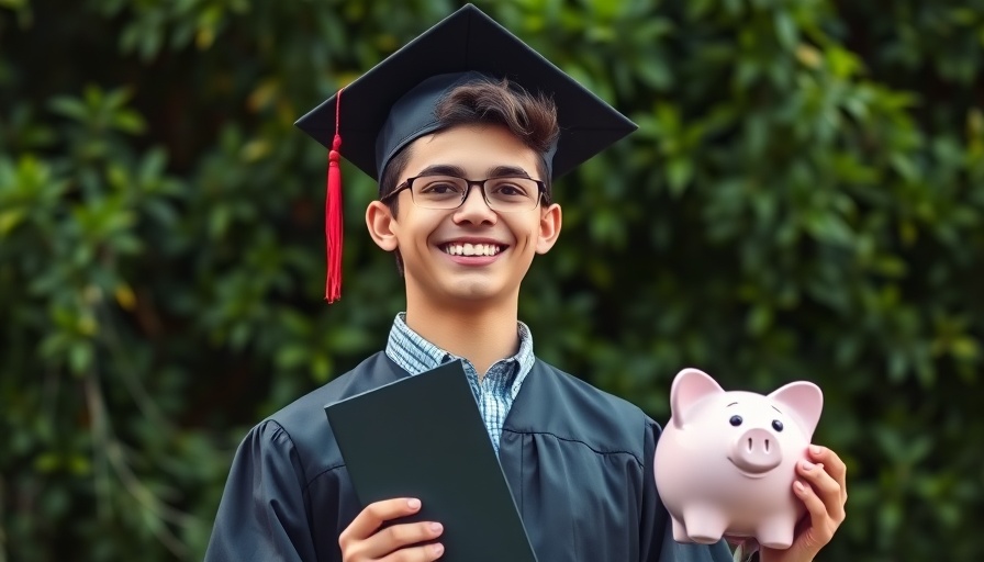 Graduating student with piggy bank and diploma showing financial planning for education.