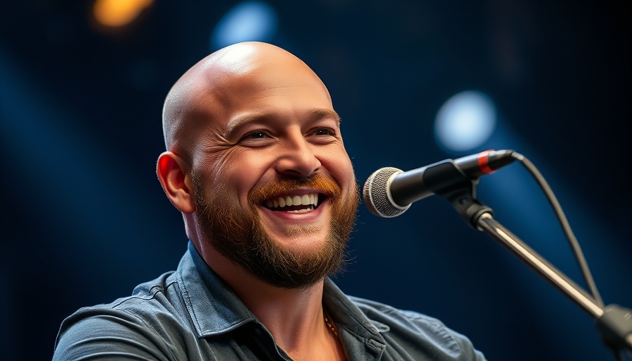 Smiling bald man at a microphone on a concert stage, Billy Joel concert canceled