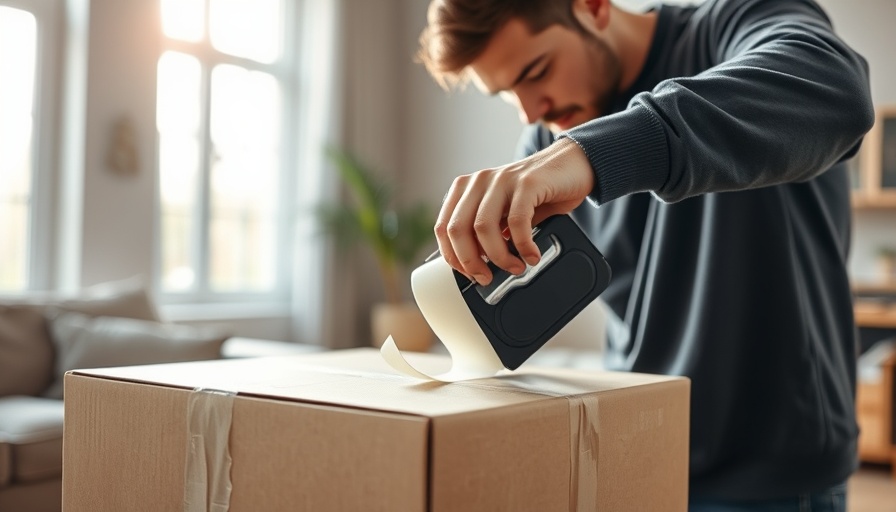 Moving hacks: person using tape on box in bright living room.