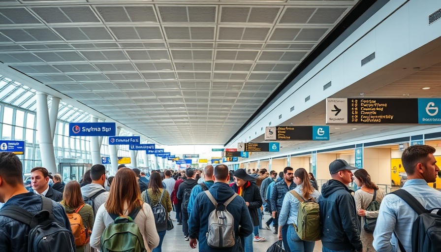Impact of foreign tourism on USA economy depicted in busy airport terminal.