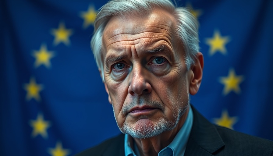 Somber man in profile with EU flag, Trump's trade war with the EU backdrop.