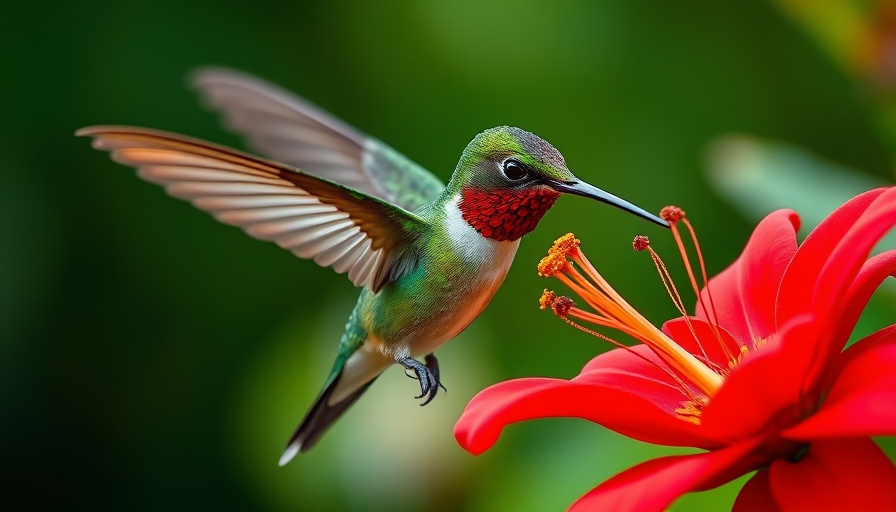 Hummingbird feeding on flower in garden.