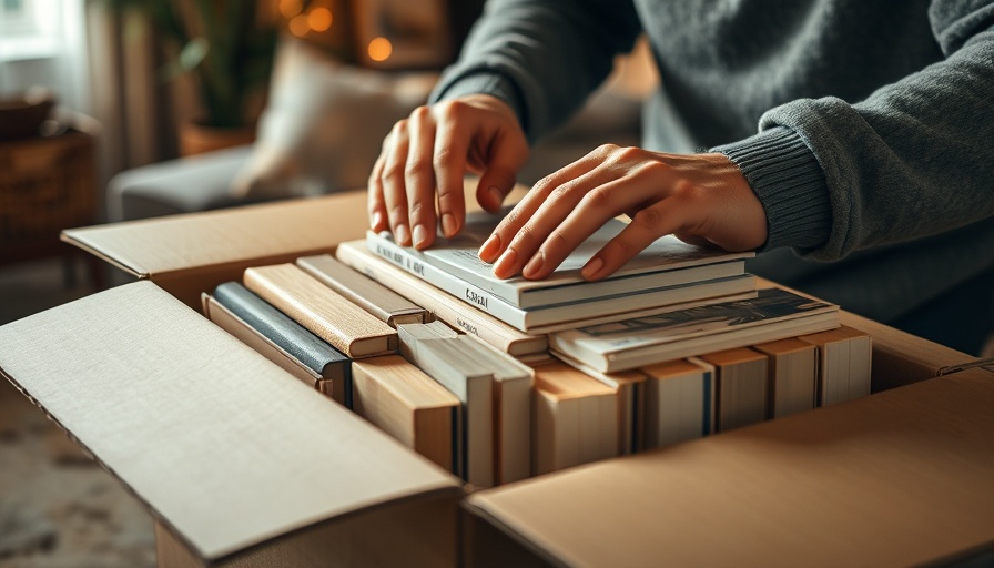 Person packing books for moving in a cozy room setting.