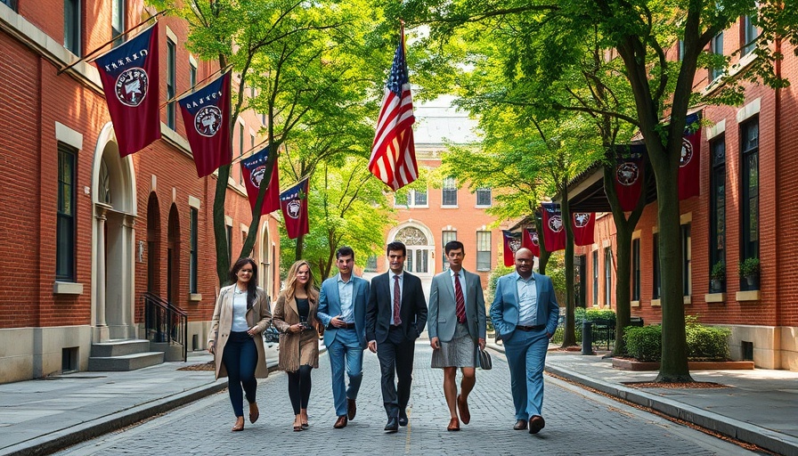 People walking near Harvard buildings under American flag