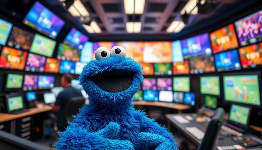 PBS studio with Cookie Monster in lively control room, referencing PBS suing Trump administration over defunding.
