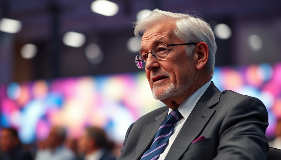 Elderly man speaking at conference with colorful lighting