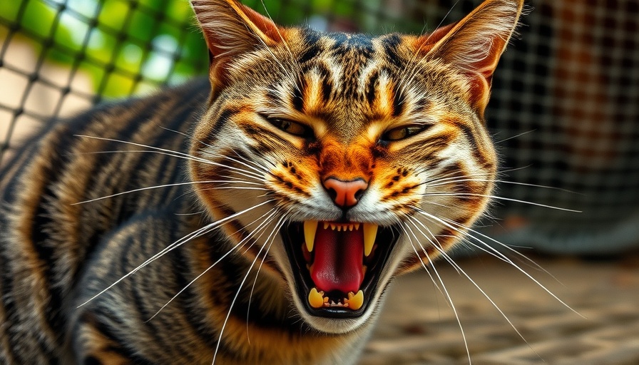 Fierce cat showing aggression through mesh netting.