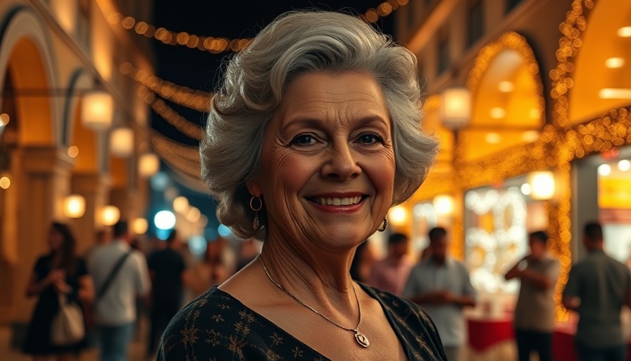Elegant older woman posing at a nighttime festive event