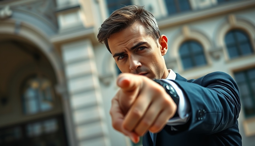 Person in navy suit pointing, representing digital wallet idea.