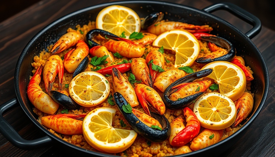 Corte Madera Restaurant Review - colorful seafood paella in skillet.