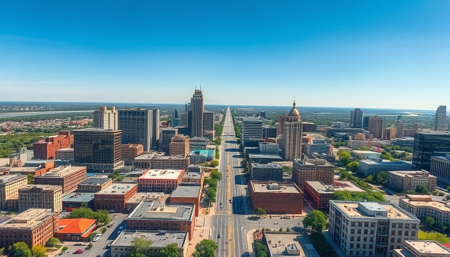 Aerial view of downtown Waco, bustling cityscape under a sunny sky.