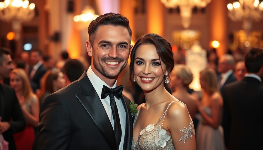 Elegant couple posing at a formal event, depicting sophistication and glamour.