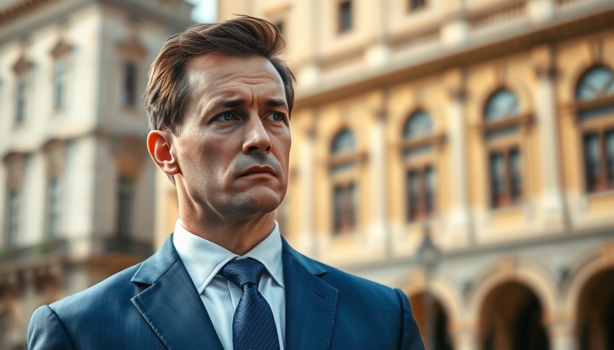 Man in blue suit outdoors, thoughtful expression, clear sky.