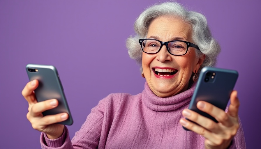 Joyful grandmother enjoying technology in vibrant setting.