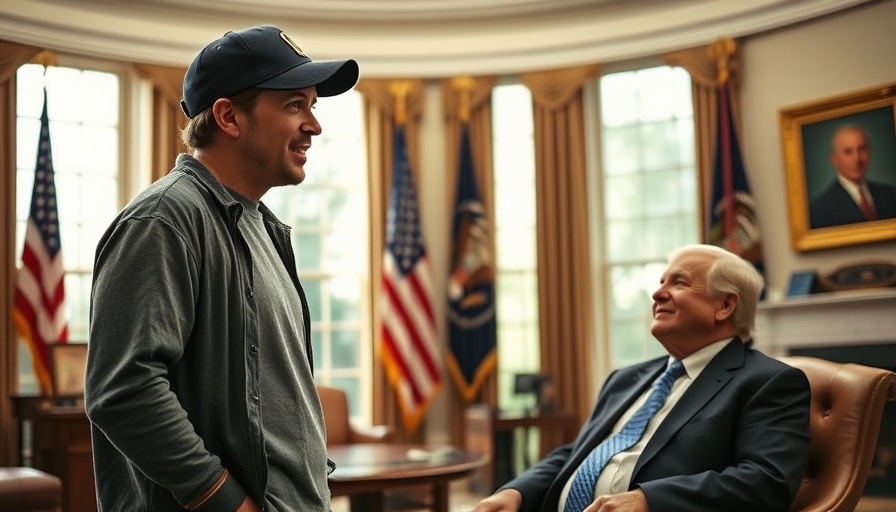 Man in cap shares news with suited man at a desk in office, breaking news.