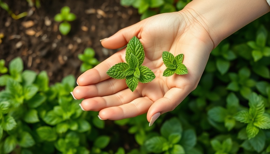 Close-up of hand harvesting mint leaves in a garden.