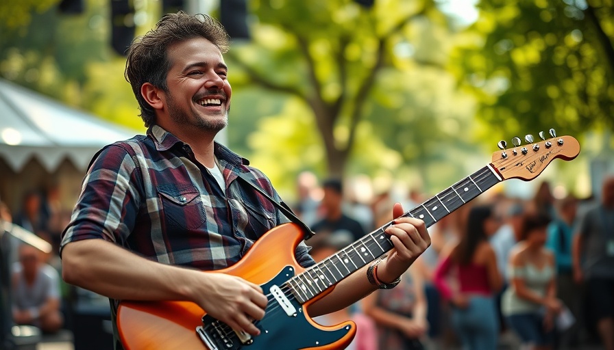 Joyful musician at San Jose Fountain Blues Festival playing electric guitar.