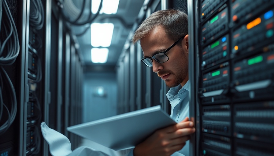 Technician working in AI data center, highlighting environmental impact.