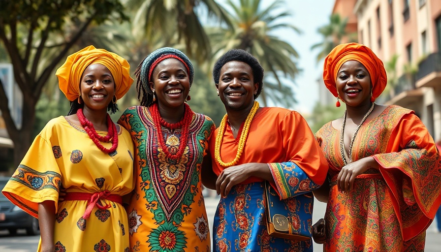 People celebrate Juneteenth in colorful African attire outdoors.
