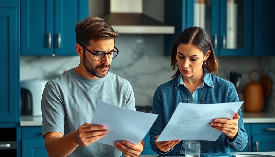 Focused adults analyzing real estate appraisal papers in kitchen.