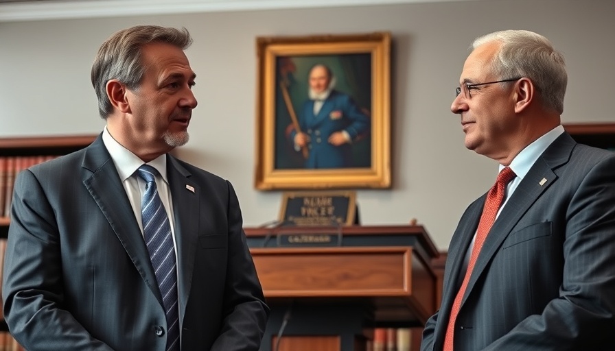 Press conference with two men discussing policy, formal setting.