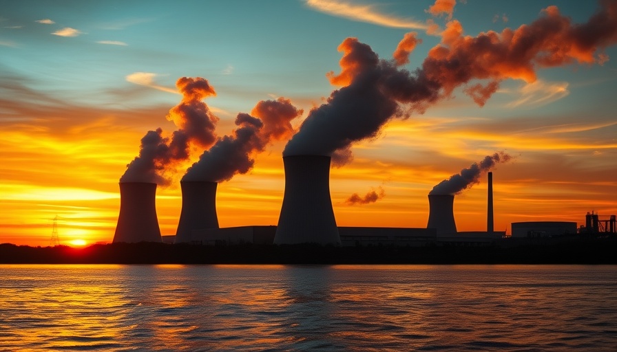 Sunset over New York State nuclear power plant with steam.