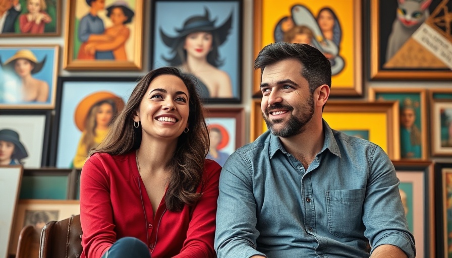 Happy duo at AI matchmaking app office surrounded by art.