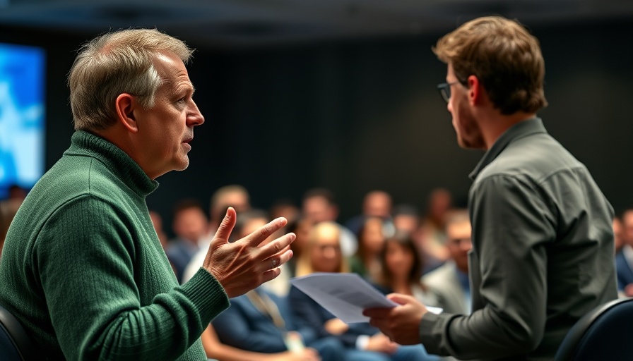 Engaged speaker discussing technology news at a conference.