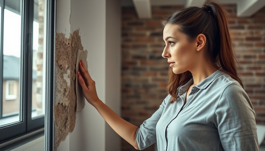 Concerned woman examining moldy wall while buying a house.