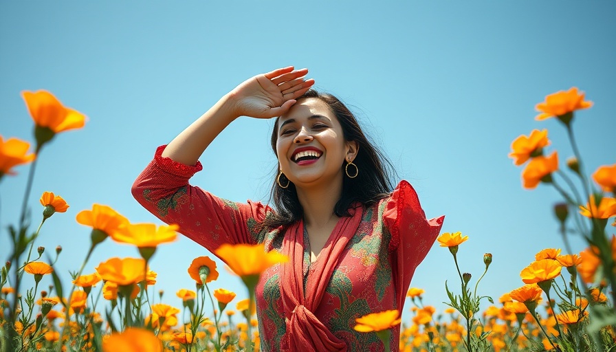 Happy woman in marigold field under clear blue sky.
