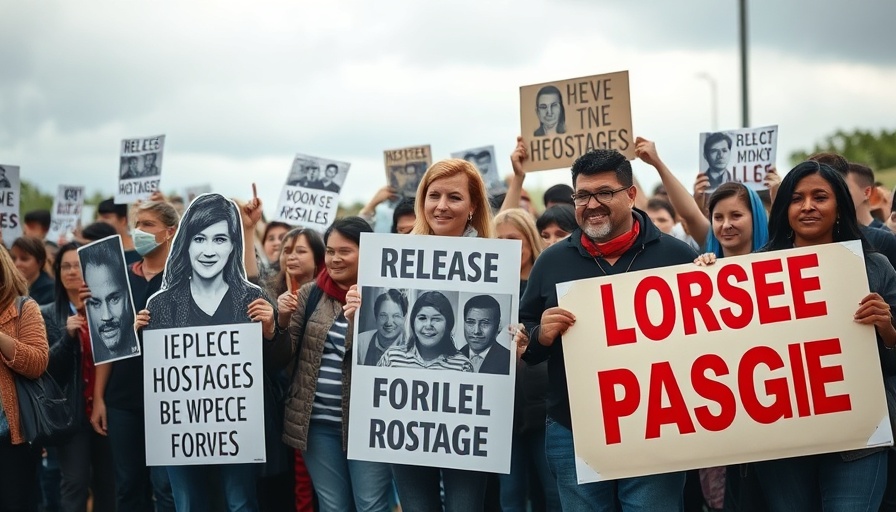 Group advocating for hostage release with signs and photos.