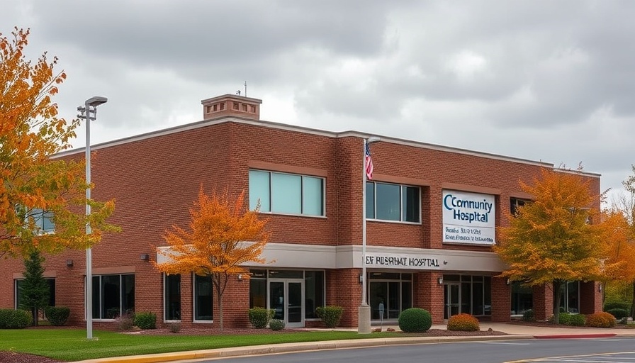 Rural hospital building under clouds, Medicaid cuts rural hospital closure.