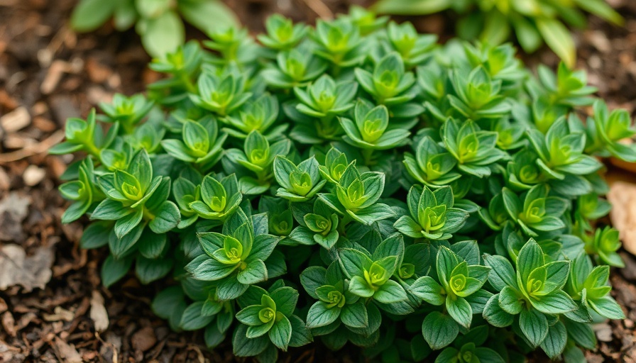 Lush sedum plant growing in garden, dividing sedum foliage.
