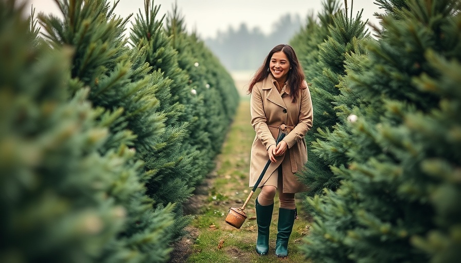 Woman tending Christmas trees wearing green boots, gardening tips.