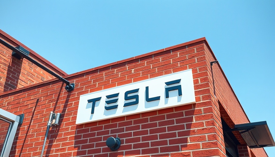 Tesla sign on brick wall under bright blue sky.