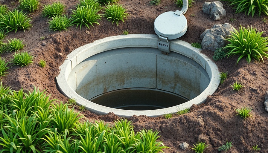 Septic tank with open lid in grass, buying a house with a septic tank.