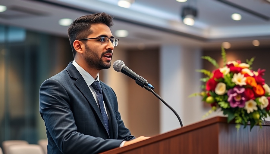 Businessman speaking at a conference on sustainable living.