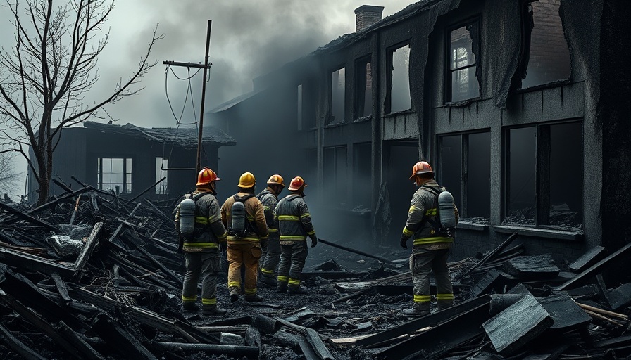 Firefighters assessing charred building debris after blaze.