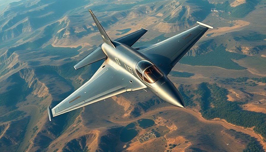 Modern uncrewed fighter jet flying over rugged landscape.