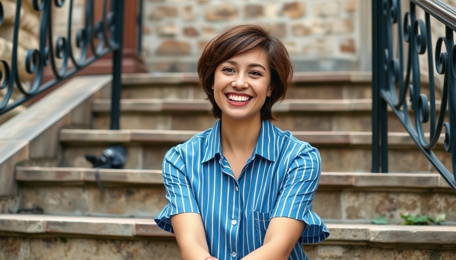 Female founder automotive industry, smiling woman sitting on stairs.