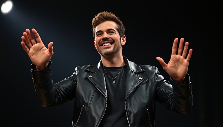 Confident man in leather jacket waving at Nvidia historic $4 trillion market cap event.
