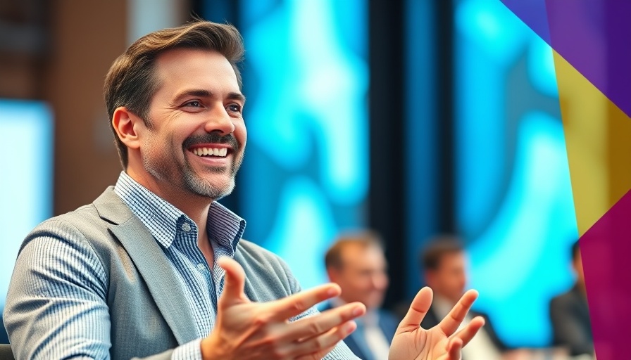 Confident man smiling at business conference poster, vibrant abstract background.